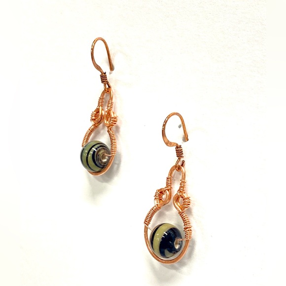 HANDMADE Vintage Glass Bead Hand Wrapped with Hand Hammered Bare Copper Earrings - Picture 6 of 10
